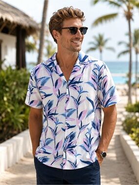 Vacancy Co. Men’s Large Tropical Floral Button Down Camp Shirt Blue Pink